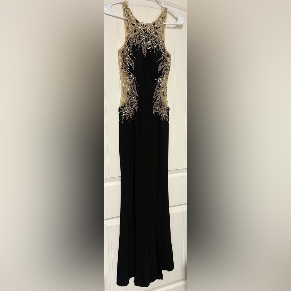 Sean Collection Black and Gold Embellished Prom Dress